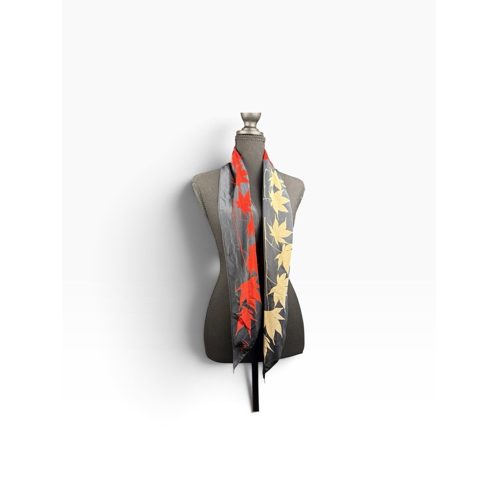 Vera Neumann Vintage Silk Scarf Gray Red Tan Maple Leaf Botanical Print - Picture 2 of 15